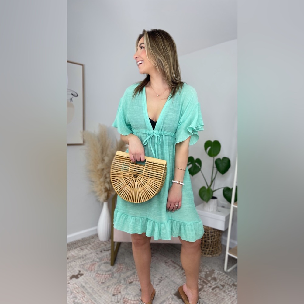 Amazon AI'MAGE V Neck Ruffle Sleeve Swimsuit Coverup Dress, Small, Aqua Green